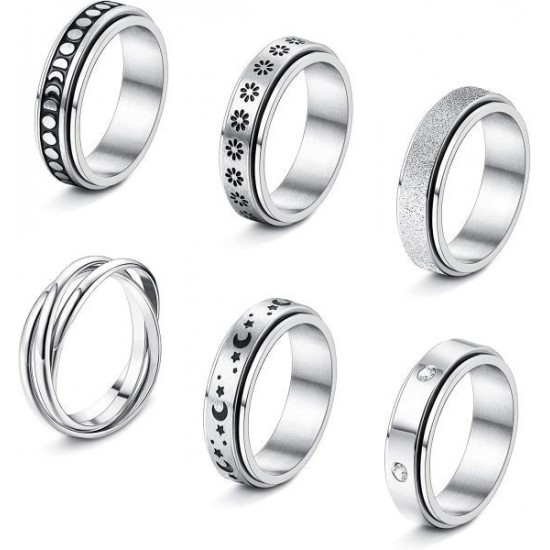 6Pcs Stainless Spinner Rings Set For Women Mens CZ Matte Flower Triple Interlocked Rolling Stress Relieving Ring Anxiety Relief Fidget Band Rings 6Pcs Stainless Spinner Rings Set For Women Mens CZ Matte Flower Triple Interlocked Rolling Stress Relieving Ring Anxiety Relief Fidget Band Rings